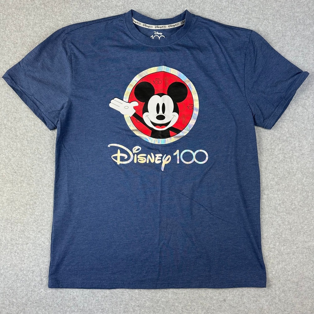 Disney 100 Mickey Mouse Graphic‎ T Shirt Mens XL Blue Polyester Cotton Blend